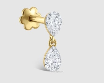 Pendiente de rosca flotante con diamante en forma de pera de perfil bajo, engaste invisible, pendiente de rosca con diamante en forma de pera, pendiente de oro de 14 quilates con cierre de rosca.