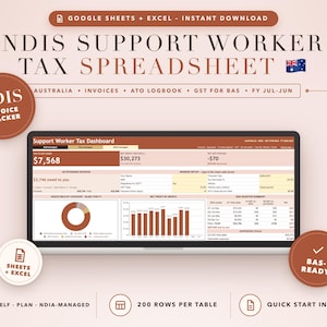May include: A digital NDIS support worker tax spreadsheet for Google Sheets and Excel. The dashboard displays financial data, including net profit, outstanding invoices, and a BAS quarter summary with charts and tables for Australian tax tracking.