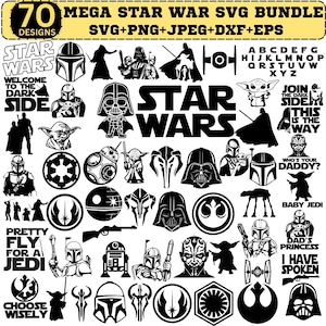 May include: A collection of 70 Star Wars-themed SVG designs in black and white. Includes iconic characters like Darth Vader, Yoda, and Boba Fett, along with various logos and phrases. Perfect for crafting projects.