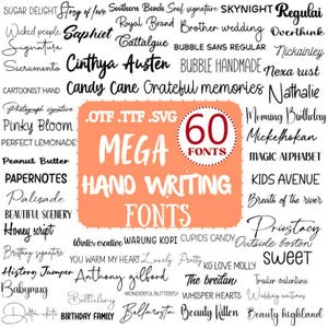 May include: An image showcasing a collection of 60 hand-writing fonts. The fonts are displayed in various styles and sizes, with a central orange square highlighting the font count. The image includes a variety of font names.