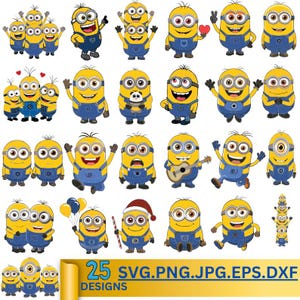 May include: A collection of 25 digital designs featuring various Minion characters in different poses and expressions. The Minions are yellow with blue overalls. Some hold objects like a guitar, balloons, or a candy cane. The designs are available in SVG, PNG, JPG, EPS, and DXF formats.