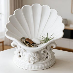Puede incluir: Una bandeja decorativa blanca en forma de concha, con una base detallada. La bandeja contiene llaves, una pequeña piedra y una planta verde. Un artículo decorativo para el hogar.