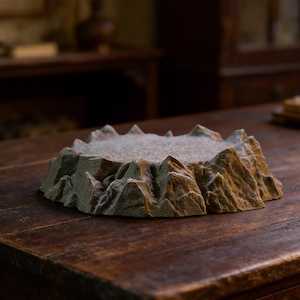 May include: A decorative, mountain-shaped display stand. The stand is a muted green and brown color, with a textured surface that mimics the look of a rocky landscape. The stand is circular and has a flat top.