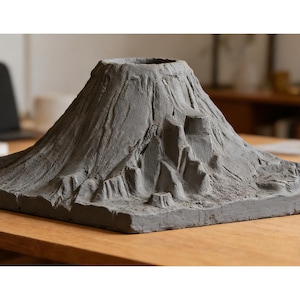 Può includere: Un modello di vulcano grigio fatto a mano con una superficie strutturata. Il modello presenta un cratere in cima e lati dettagliati e irregolari, che assomigliano a un vero vulcano. Si trova su una base rettangolare.