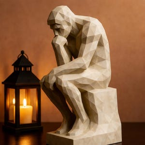 Puede incluir: Escultura geométrica beige de una figura sentada, con la mano en la barbilla, en una pose pensativa. La escultura está sobre una base de piedra. Una linterna negra con una vela encendida está a la izquierda.
