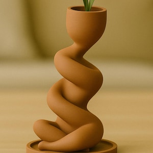 May include: A terracotta-colored, sculptural vase with a unique, twisted design. The vase features a round base and a cylindrical opening at the top, holding a small green plant. The overall form resembles a seated human figure.