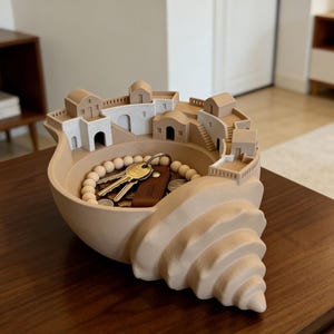 Caja organizadora de joyas impresa en 3D con bandeja geométrica minimalista para pequeños objetos.