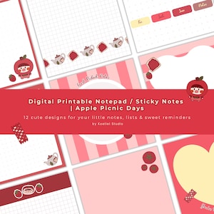 Op de afbeelding: Een digitale printbare notitieblok- en memoblaadjes-set genaamd Apple Picnic Days met 12 ontwerpen in rode en roze kleurenpaletten, voorzien van illustraties van figuren in appelkostuums, theepotten, toast en tomaten op ruitjes- en gestippeld papier.