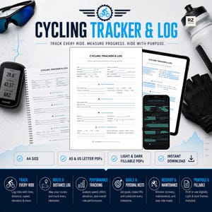 Könnte beinhalten: Ein digitaler und druckbarer Radsport-Tracker und Logbuch mit Abschnitten für Leistung, Ziele und Wartung. Das Set enthält A4-, A5- und US-Letter-PDF-Formate mit hellen und dunklen Designs, präsentiert zusammen mit Radsportausrüstung.