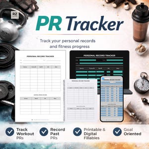 Può includere: Immagine di un prodotto per il fitness con il testo "PR Tracker" e "Track your personal records and fitness progress." Include un taccuino, un laptop e uno smartphone che mostrano un tracker dei record personali. Sono presenti anche un kettlebell, dei pesi e un cronometro.