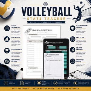 May include: A volleyball stats tracker with the title "VOLLEYBALL STATS TRACKER" in white text on a navy blue background. The image includes a volleyball, a tablet, and a printed document, all displaying the tracker's layout. The tracker is designed for match information, player stats, and performance analysis.