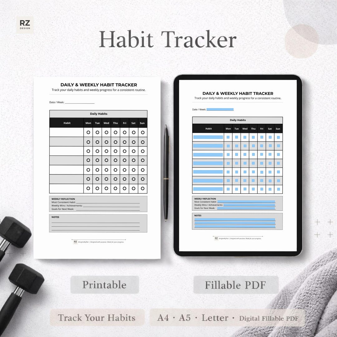 Daily & Weekly Habit Tracker | A4 Fillable + A4, A5 and US Letter ...