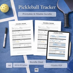 May include: A bundle of printable and fillable pickleball tracker sheets, including A4 and US Letter sizes, and a fillable PDF version. The design includes a pickleball, paddle, and a black marker on a blue background.