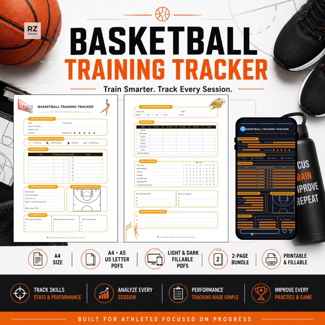 Basketball Training Tracker Printable & Fillable Bundle | Stats Journal ...