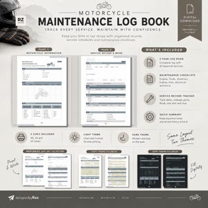 May include: A digital motorcycle maintenance log book template featuring sections for motorcycle information, service records, and maintenance checklists. Includes light and dark themes, printable A4, A5, and US Letter sizes, and fillable digital formats.