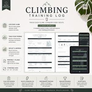 Könnte beinhalten: Ein digitales Kletter-Trainingsprotokoll-Set mit zwei Seiten ausfüllbarer Vorlagen zur Erfassung von Routen, Schwierigkeitsgraden und Leistungen. Das Layout enthält Abschnitte für Sitzungsdetails und Notizen, mit dem Text CLIMBING TRAINING LOG.