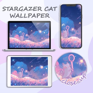 May include: Digital wallpaper featuring a cartoon cat gazing at stars in a night sky. The design is displayed on a laptop, phone, tablet, and a round sticker. The color palette includes blues, pinks, and purples, with the text "Stargazer Cat Wallpaper".