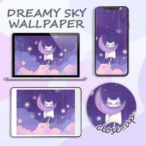 Dreamy Sky Wallpaper for Phone, Tablet, and PC: Moon and Clouds Background (Digital Download)