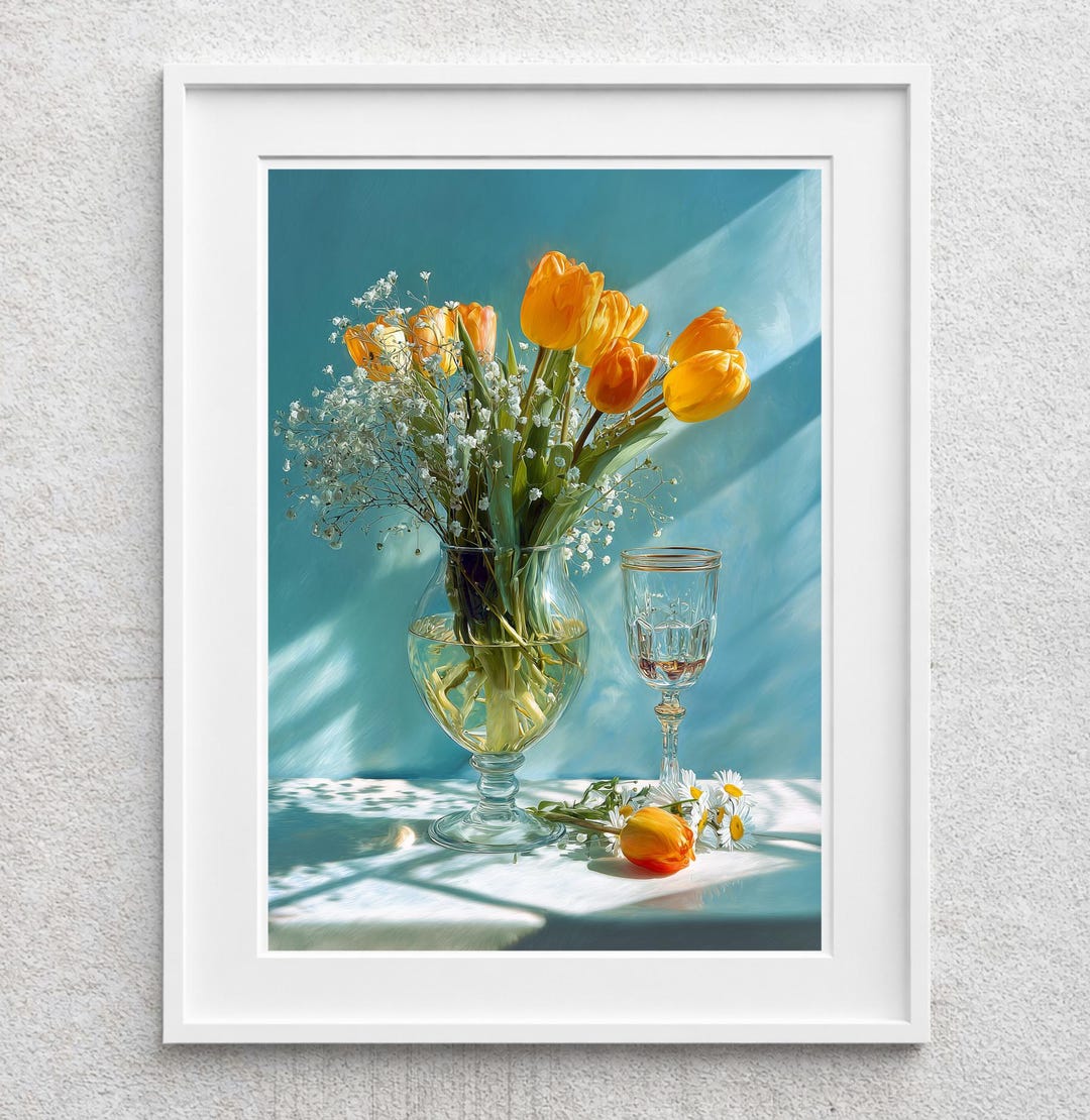 Yellow Tulip Floral Still Life Wall Art Print, Glass Vase Flower ...
