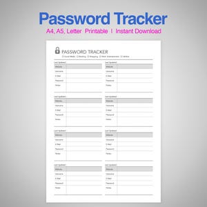 Può includere: Un tracker di password stampabile su carta bianca. Il testo blu in alto recita "Password Tracker" e "A4, A5, Letter Printable | Instant Download". Il documento include sezioni per sito web, nome utente, e-mail, password e note.