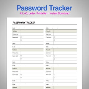 Lista de controle de senhas imprimível para múltiplas contas, preenchível, segura, em formato A4, A5 e PDF.