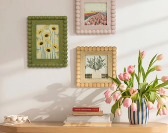 Organic Modern Beaded Picture Frame for Wall Art Decor, Minimalist Japandi Room Decor Accent, Scandi-Style Beaded Wall Art