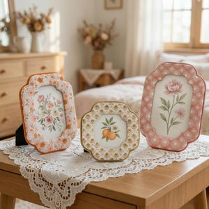 Zachte pastelkleurige geschulpte fotolijst voor kamerdecoratie | Cottagecore bloemenkunst muurdecoratie | Cosy Home-accentstuk | Unieke kinderkamermuurkunst