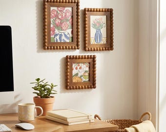 Rustic Farmhouse Beaded Picture Frames, Wooden Accent Gallery Wall Photo Frame for Desk & Wall Home Decor, Mother's Day Gift