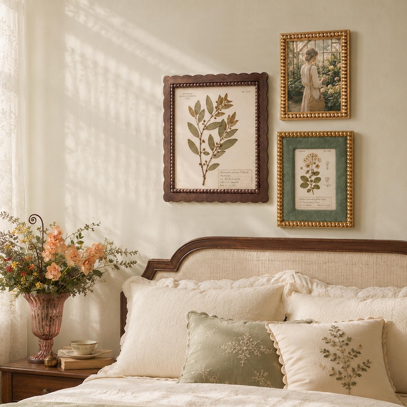 May include: Three framed botanical prints hang on a wall above a bed with cream and sage green pillows. The largest frame is dark brown with a scalloped edge, while the two smaller frames feature gold beaded borders and green matting.
