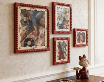 Red Bobbin Beaded Wood Picture Frames, Carved Beaded Gallery Wall Photo Frame Set, Whimsical Retro Accent for Home | Room Decor