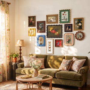 Può includere: Un divano in velluto verde oliva con cuscini floreali è posizionato davanti a una parete decorata con varie stampe artistiche incorniciate, tra cui illustrazioni botaniche e animali. Un tavolino rotondo in rattan ospita un vaso di fiori e libri.