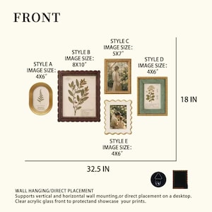 May include: A collection of five decorative picture frames labeled Style A through E with varying shapes and colors including gold, brown, and green. The frames display botanical and portrait prints with image sizes ranging from 4x6 to 8x10 inches.