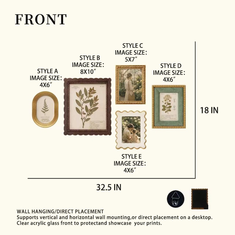 May include: A collection of five decorative picture frames labeled Style A through E with varying shapes and colors including gold, brown, and green. The frames display botanical and portrait prints with image sizes ranging from 4x6 to 8x10 inches.