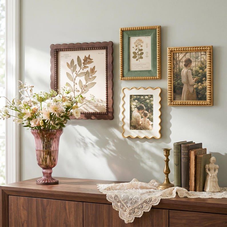 May include: A collection of four wall-mounted picture frames in various shapes and colors, including gold and dark brown, alongside a pink fluted glass vase with flowers, a brass candlestick, a lace doily, and a small white figurine on a wooden surface.