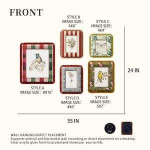 May include: Five rectangular picture frames labeled Style A through E with various patterns and fringe edges. Sizes include 8x10, 4x6, 4x4, and 5x7 inches. The layout shows a 24 by 35 inch area. Includes wall hanging hardware and desktop stands.