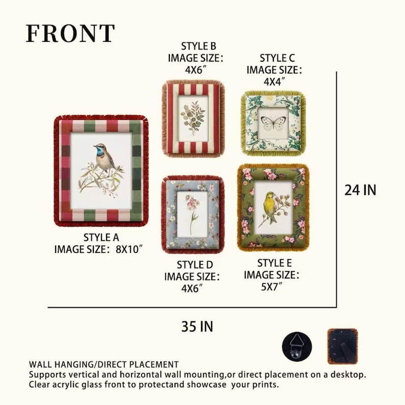 May include: Five rectangular picture frames labeled Style A through E with various patterns and fringe edges. Sizes include 8x10, 4x6, 4x4, and 5x7 inches. The layout shows a 24 by 35 inch area. Includes wall hanging hardware and desktop stands.