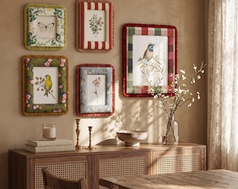 Whimsical Boho Gallery Wall Frame Set | Fabric Fringed Picture Frames | Vintage Floral Plaid Photo Frames for Maximalist Bohemian Room Decor