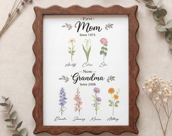 Personalized Mother's Day Gift, Custom Birth Flower Wooden Frame,Multiple Sizes, Birth Month Flower Print, Grandma Gift from Grandkids