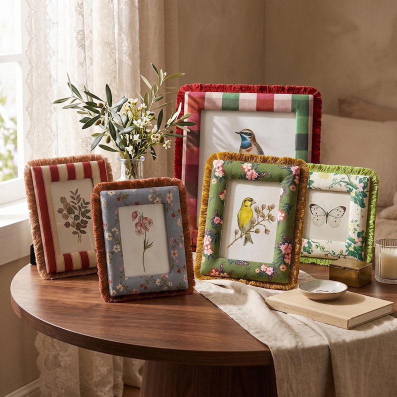 May include: A collection of five rectangular picture frames with fabric-covered borders and fringe trim. The frames feature various patterns including red stripes, blue floral, green floral with birds, and a red and white checkered design.