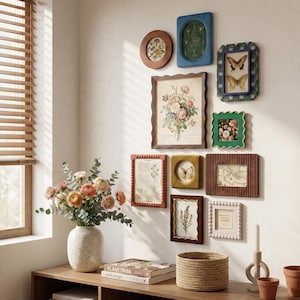Puede incluir: Una colección de estampas botánicas enmarcadas y especímenes prensados adornan una pared blanca. Los marcos varían en forma, tamaño y color, incluyendo madera, verde y azul. Un jarrón con flores se encuentra sobre una superficie de madera, junto a una cesta tejida y una vela.