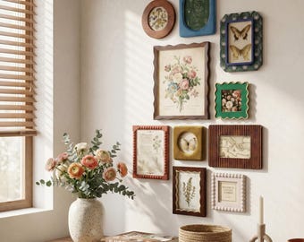 Vintage Eclectic Picture Frame Set, Boho Gallery Wall Frames, Multiple Sizes 4x6 5x7 8x10, Shatterproof Acrylic Photo Frames for Home Decor