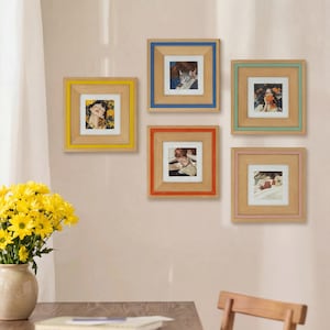 Luxury Aesthetic Gallery Wall Picture Frames, Solid Wood Colorful Square Frame Set, Handmade Style 4x4 Mat Frame for Desk, Mother's Day Gift