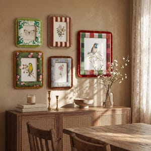Whimsical Boho Gallery Wall Frame Set | Fabric Fringed Picture Frames | Vintage Floral Plaid Photo Frames for Maximalist Bohemian Room Decor