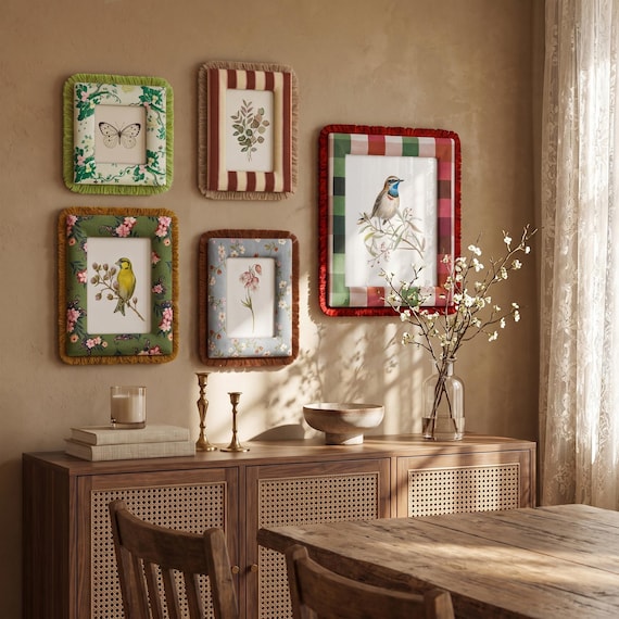 Whimsical Boho Gallery Wall Frame Set | Fabric Fringed Picture Frames | Vintage Floral Plaid Photo Frames for Maximalist Bohemian Room Decor