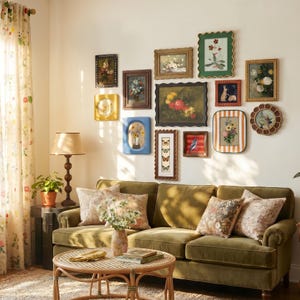 May include: A gallery wall featuring a collection of various framed art pieces including floral paintings, butterfly illustrations, and animal prints, arranged above an olive green velvet sofa with patterned throw pillows and a round rattan coffee table.