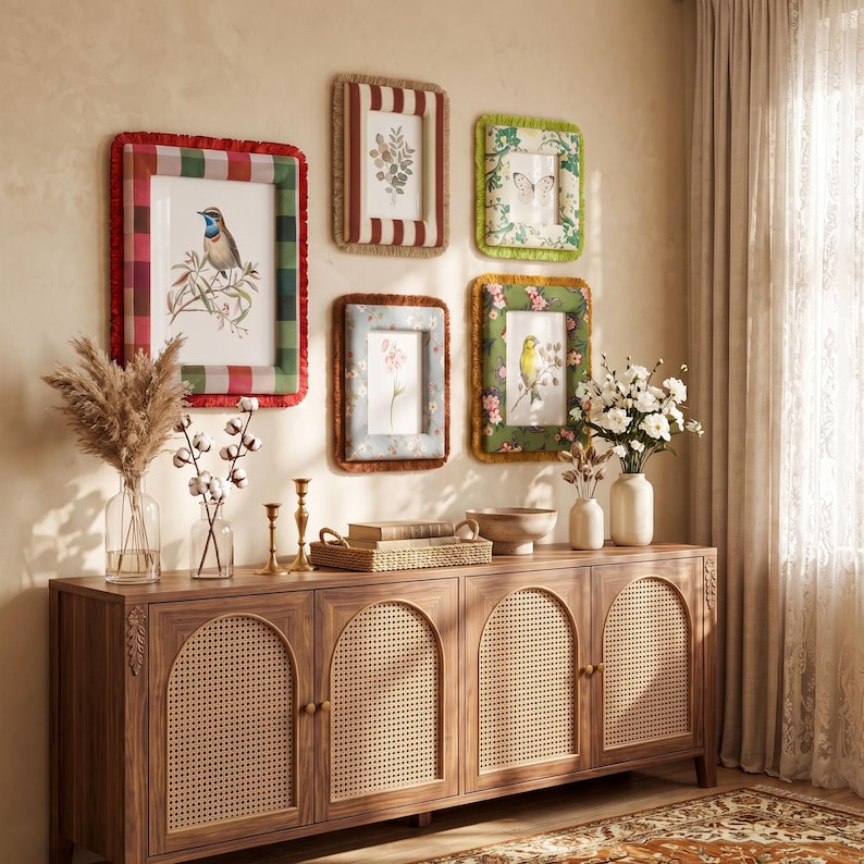 May include: A wooden sideboard with four arched cane doors sits below five framed wall art pieces featuring birds, butterflies, and flowers. The frames have colorful fabric borders. Two glass vases with dried stems and white flowers sit on top.
