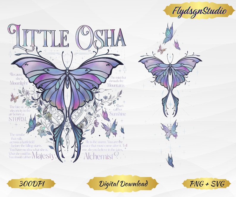 Peut inclure: T&eacute;l&eacute;chargement num&eacute;rique avec deux motifs de papillons. Le motif principal est un grand papillon aux ailes violettes, bleues et roses, avec le texte "Little Osha" et d'autres textes. Le second motif est un papillon vertical avec de plus petits papillons autour. L'image comprend &eacute;galement le texte "FlydsgnStudio".