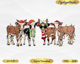 Cow Christmas Lights PNG: Farm Animal Sublimation (Digital Download)