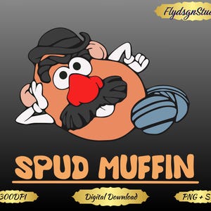 Könnte beinhalten: Cartoon-Illustration einer kartoffelförmigen Figur mit schwarzem Hut, Schnurrbart und roter Nase. Die Figur liegt mit ausgestreckten Armen und Beinen. Der Text "SPUD MUFFIN" wird in orangefarbenen Buchstaben darunter angezeigt.