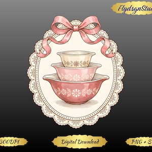 May include: Illustration of three nested pink and cream-colored mixing bowls with floral designs. The bowls are stacked on a cream-colored oval doily, adorned with a pink ribbon. The image includes the text "FlydsgnStudio".